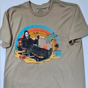 Ghost Face Shirt‎ Mens XL Tan Short Sleeve Beach Graphic Horror Halloween Scream